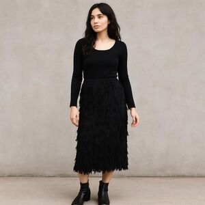Simonton Says Black Textured‎ Fringe Midi Skirt Womens L Boho Chic Crinkle Poly